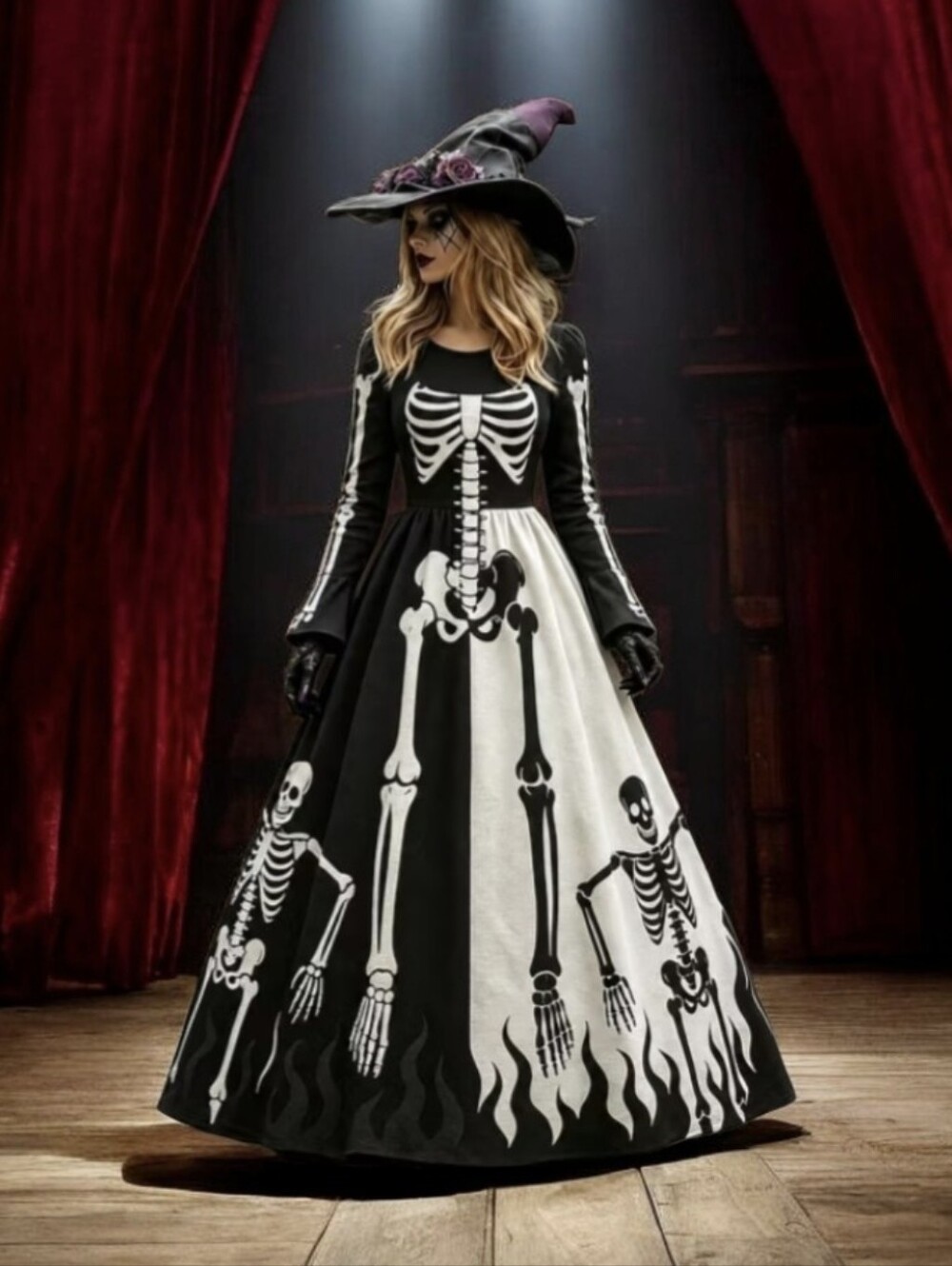 #V07 Wicked Skeleton Witch Costume Dress in Black and White -